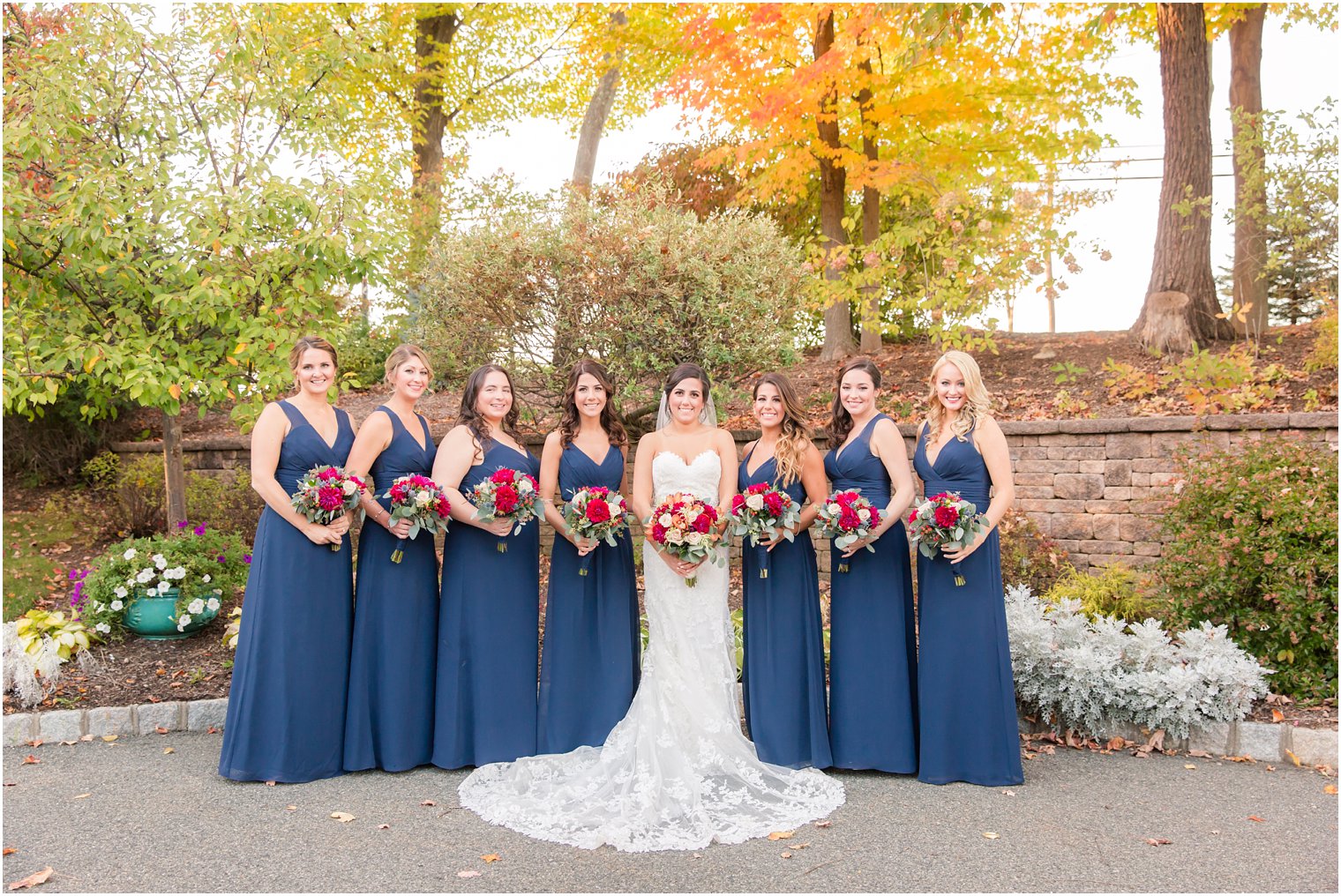 Bridesmaids in navy and burgundy colors | Photos by NJ Wedding Photographers Idalia Photography