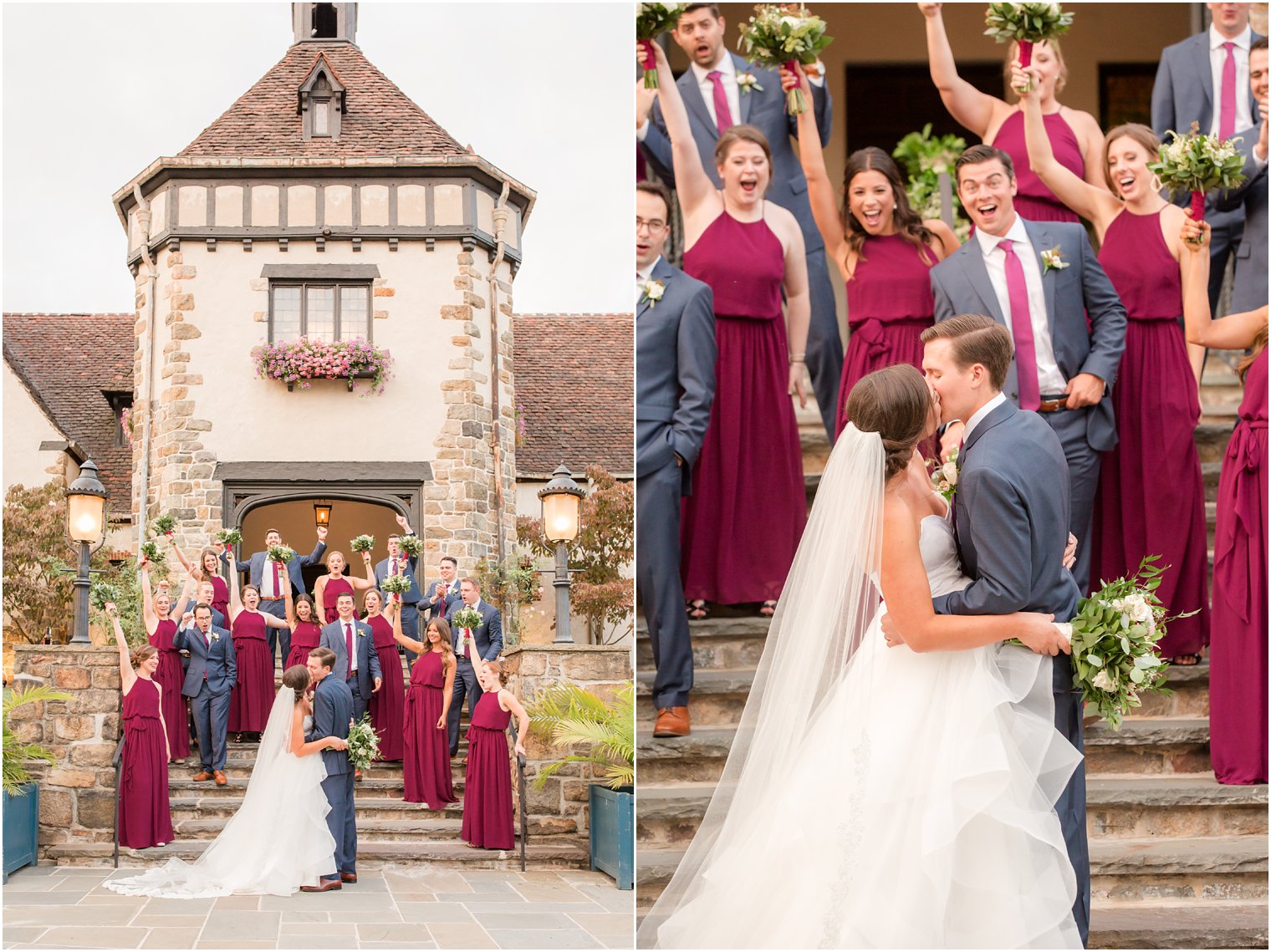 Bridal party cheering for bride and groom