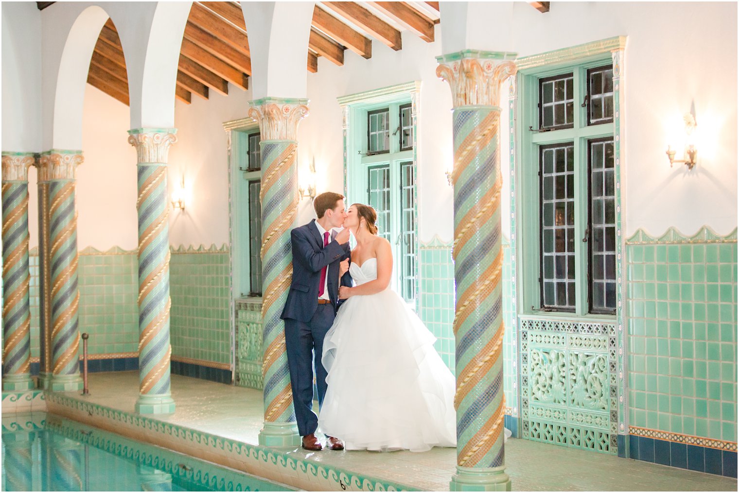 Beautiful bride and groom photo at Pleasantdale Chateau pool