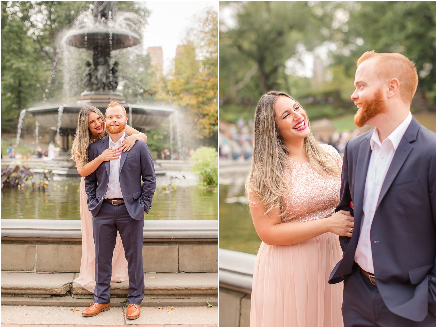 Couple posing for photos in front of Bethesda Fountain in Central Park