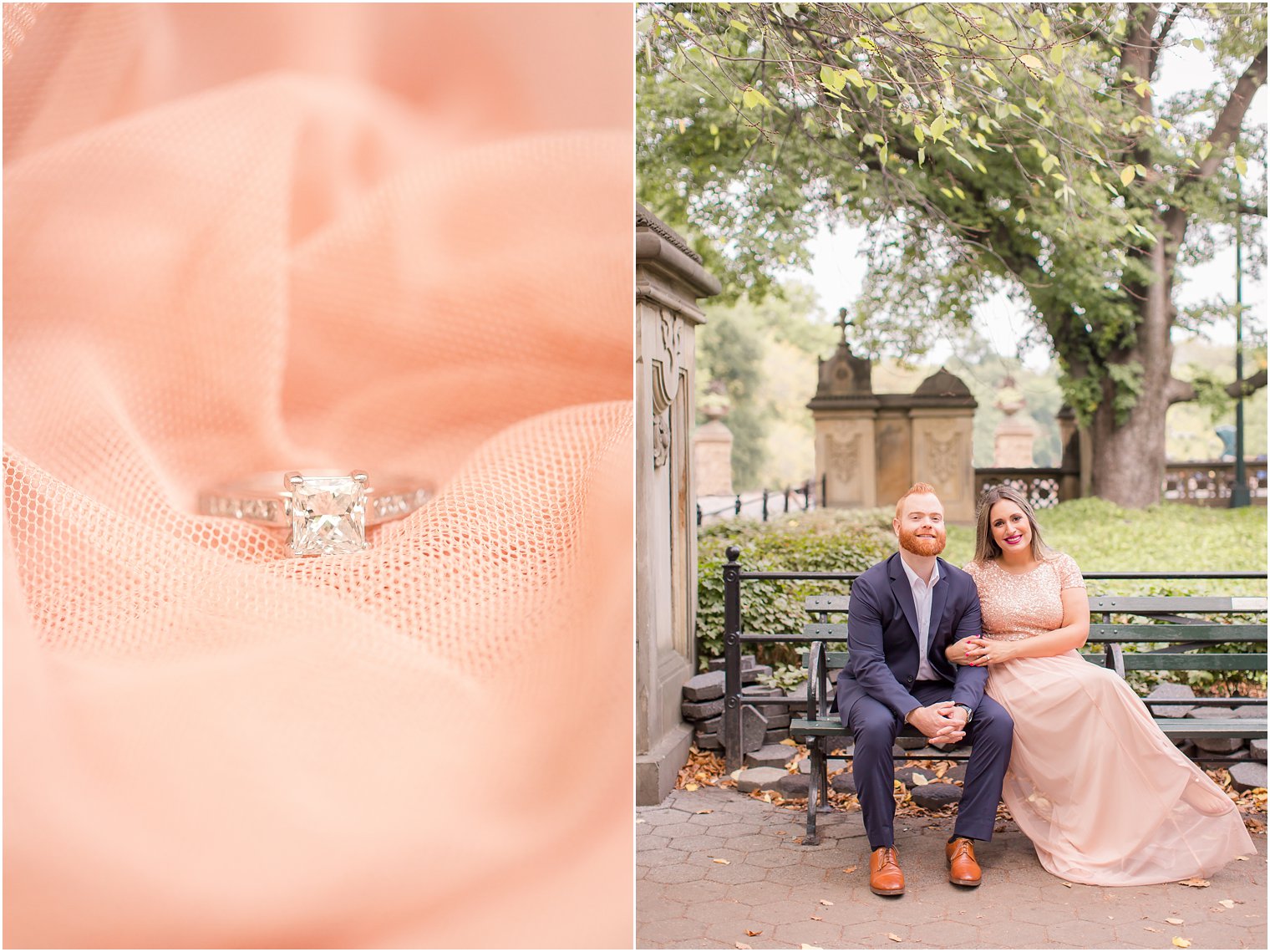 Photo of engaged couple and engagement ring at Central Park