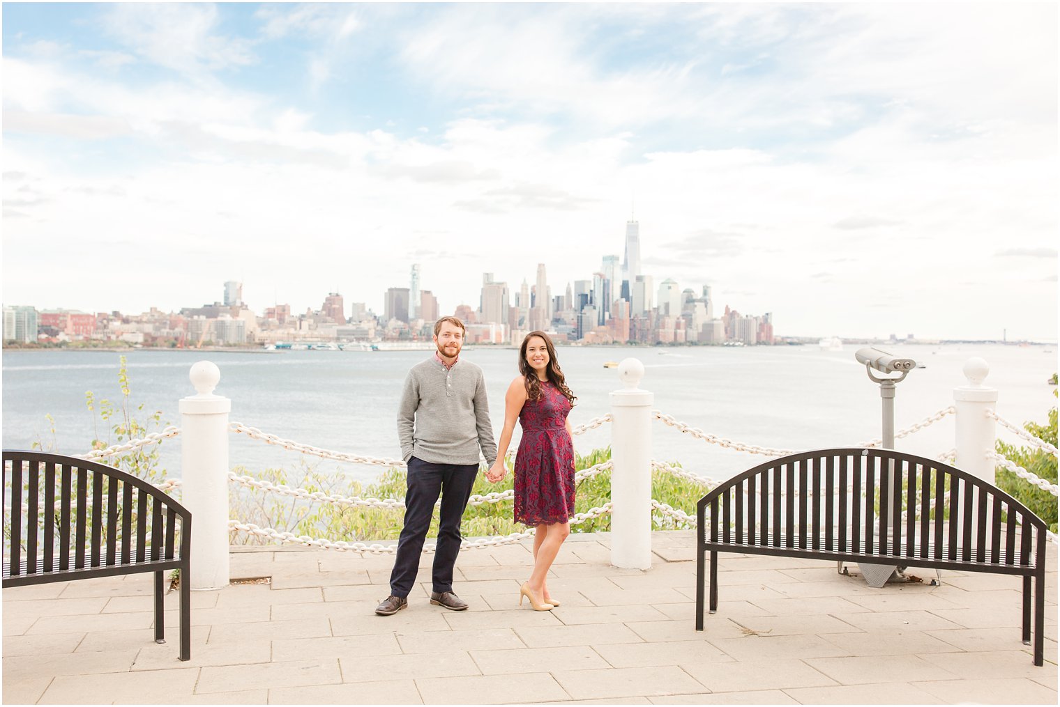 Engagement photos with Hoboken backdrop