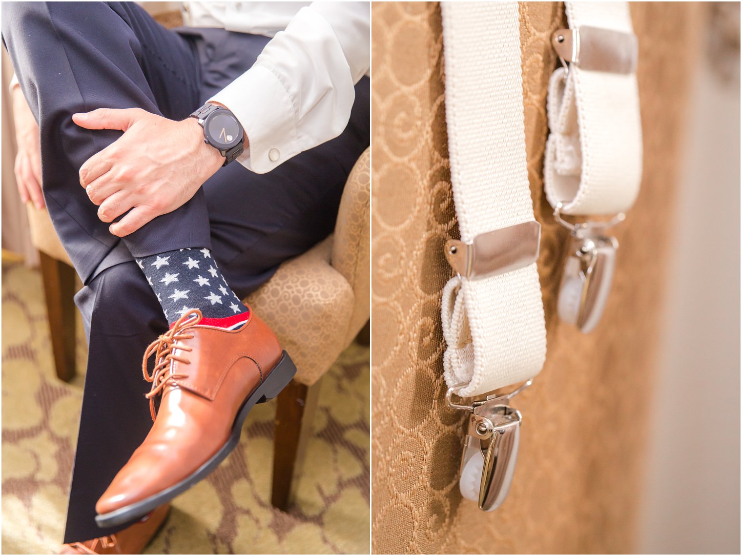 Groom wearing patriotic socks