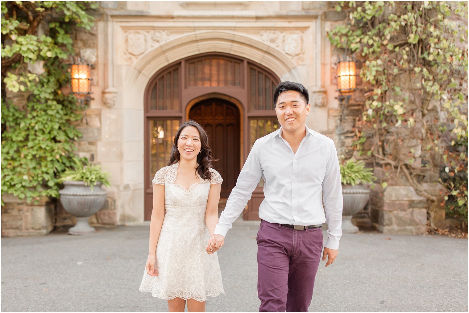 Candid photo of couple laughing while they walk