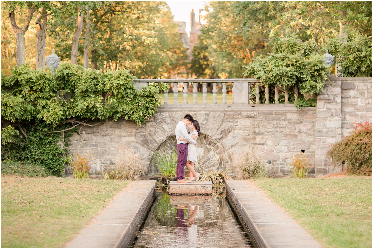 Engagement photo at pond at Skylands Manor
