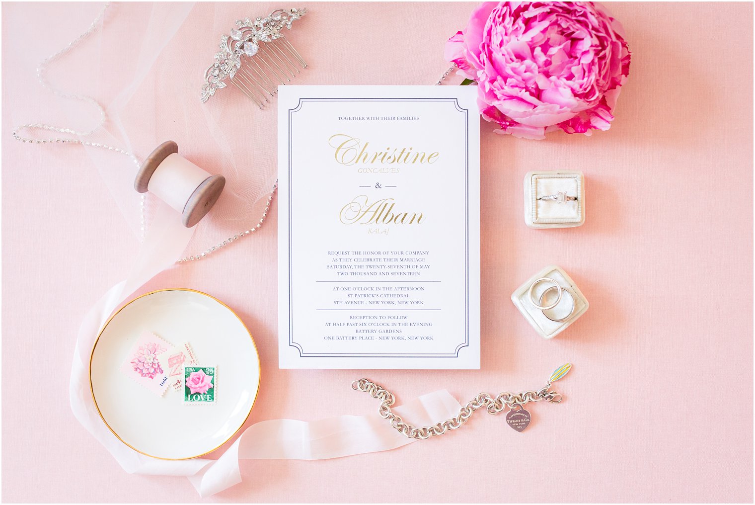 Invitation on pink styling board | St. Patrick's Cathedral Wedding Photos