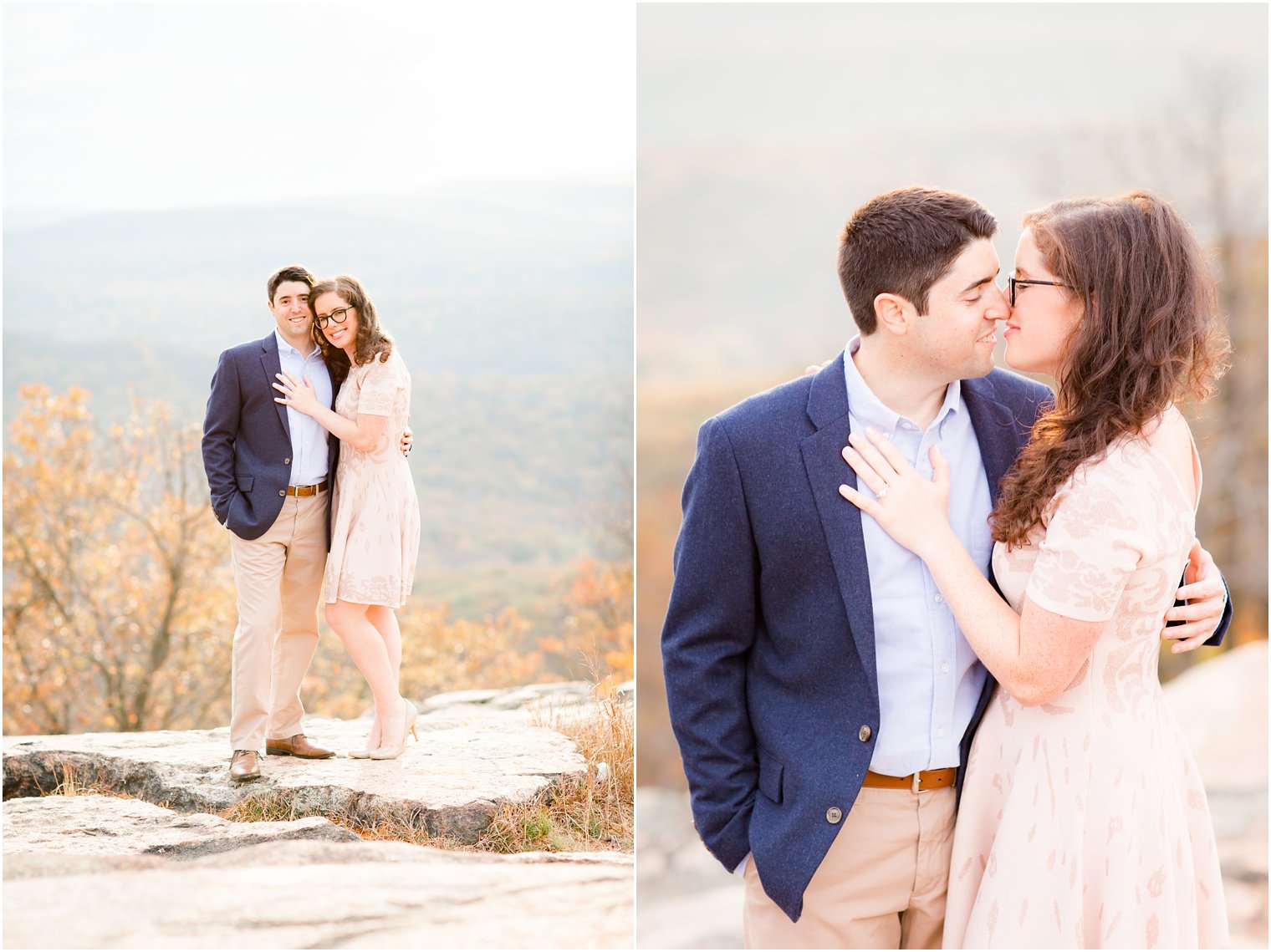 Engaged couple in blush dress and navy blue jacket with khakis