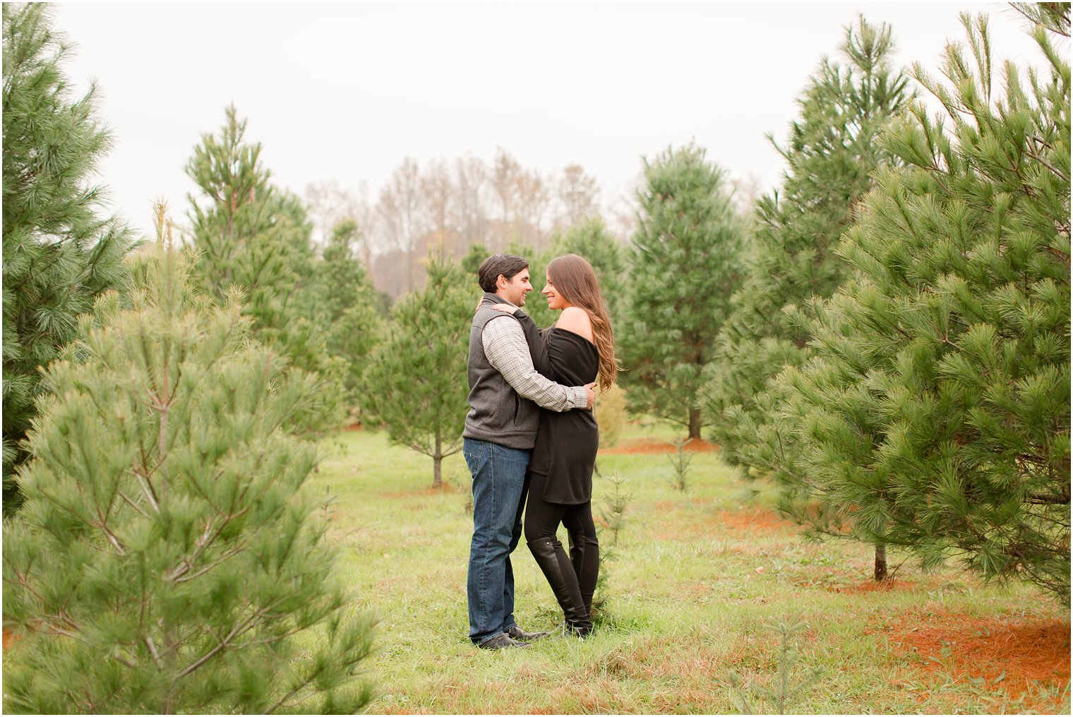Couple posing between Christmas trees
