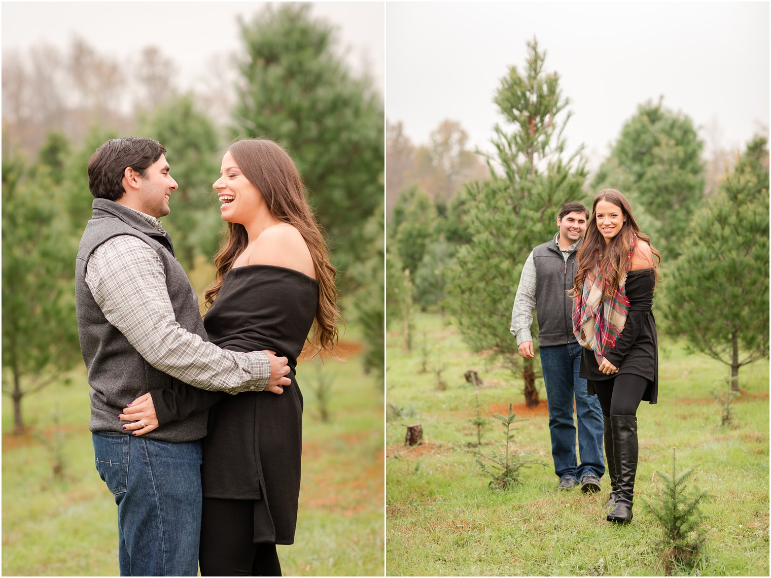 Candid moments on a tree farm during engagement session