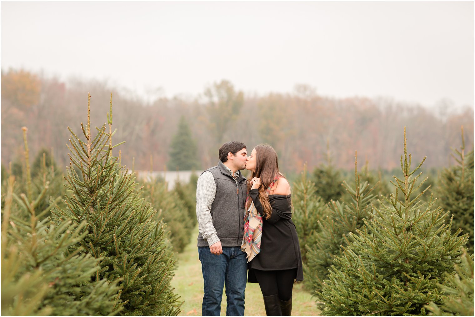 Couple kissing on a tree farm 