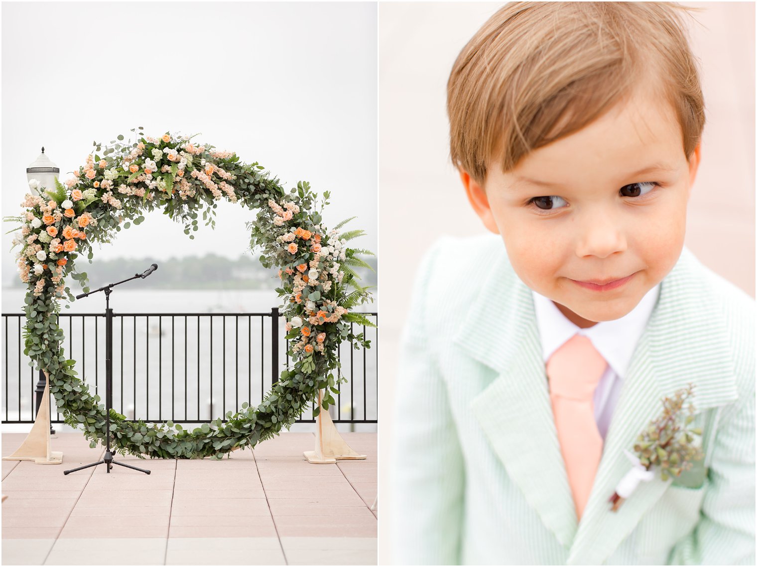 Giant floral wreath at outdoor ceremony and ring bearer in searsucker suit