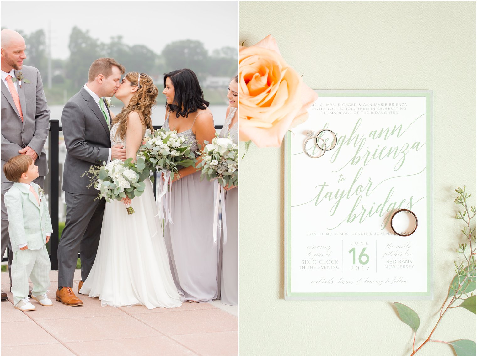 Bride and groom kissing in front of bridal party | Red Bank NJ Wedding