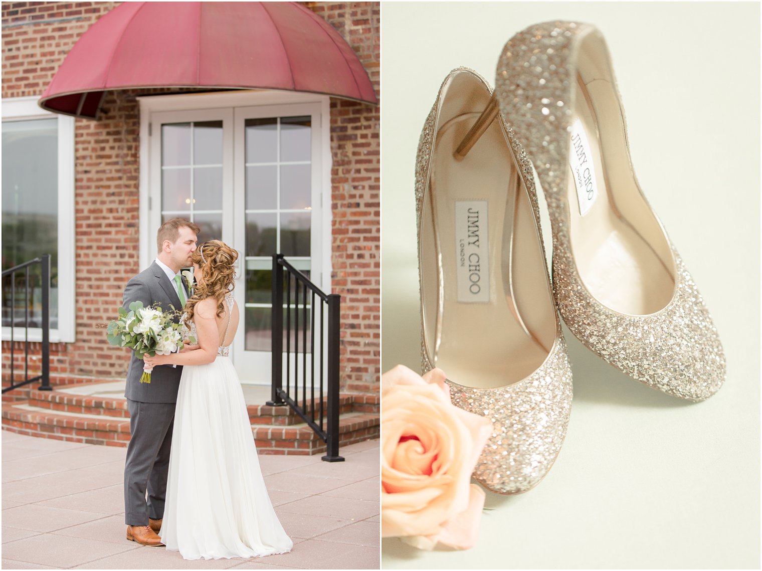 Bride wearing gold Jimmy Chooo shoes on her wedding day