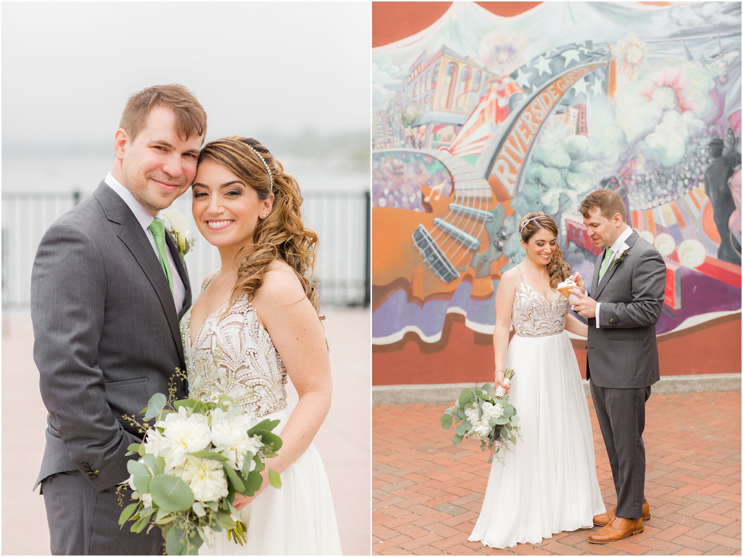 Couple eating ice cream on wedding day at Riverside Gardens in Red Bank, NJ