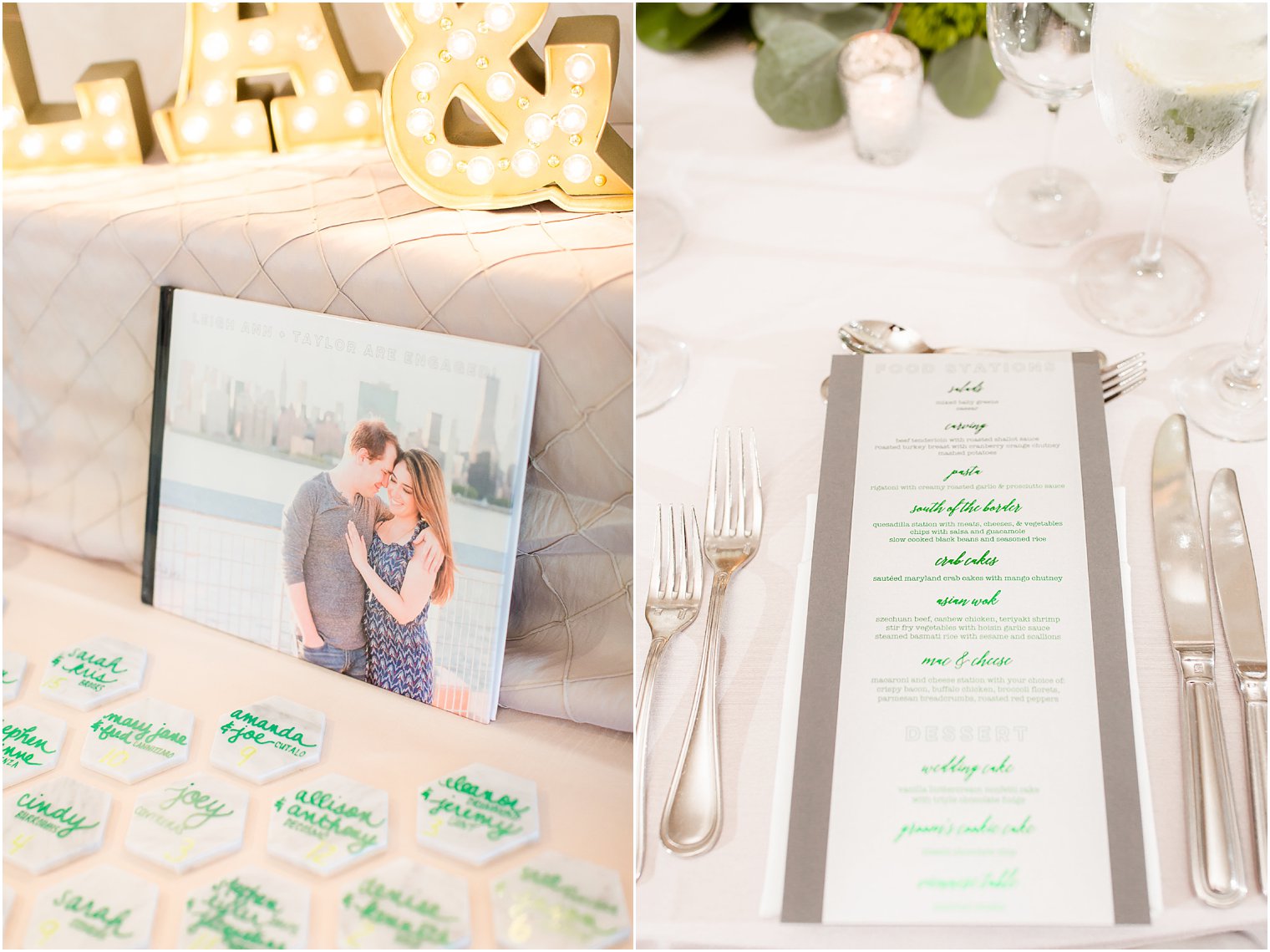 Reception details for a green and peach wedding