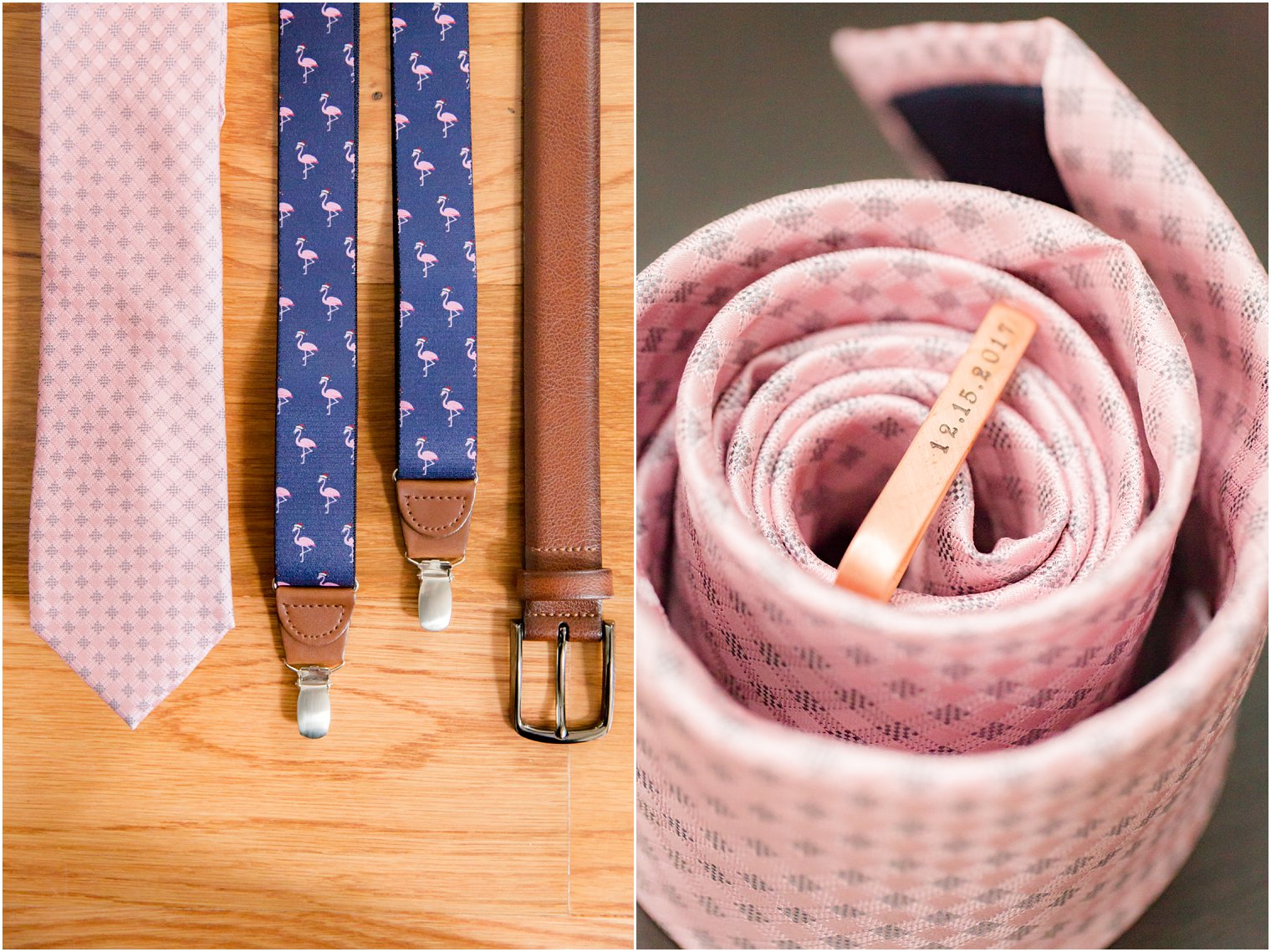 Groom's pink tie and flamingo suspenders