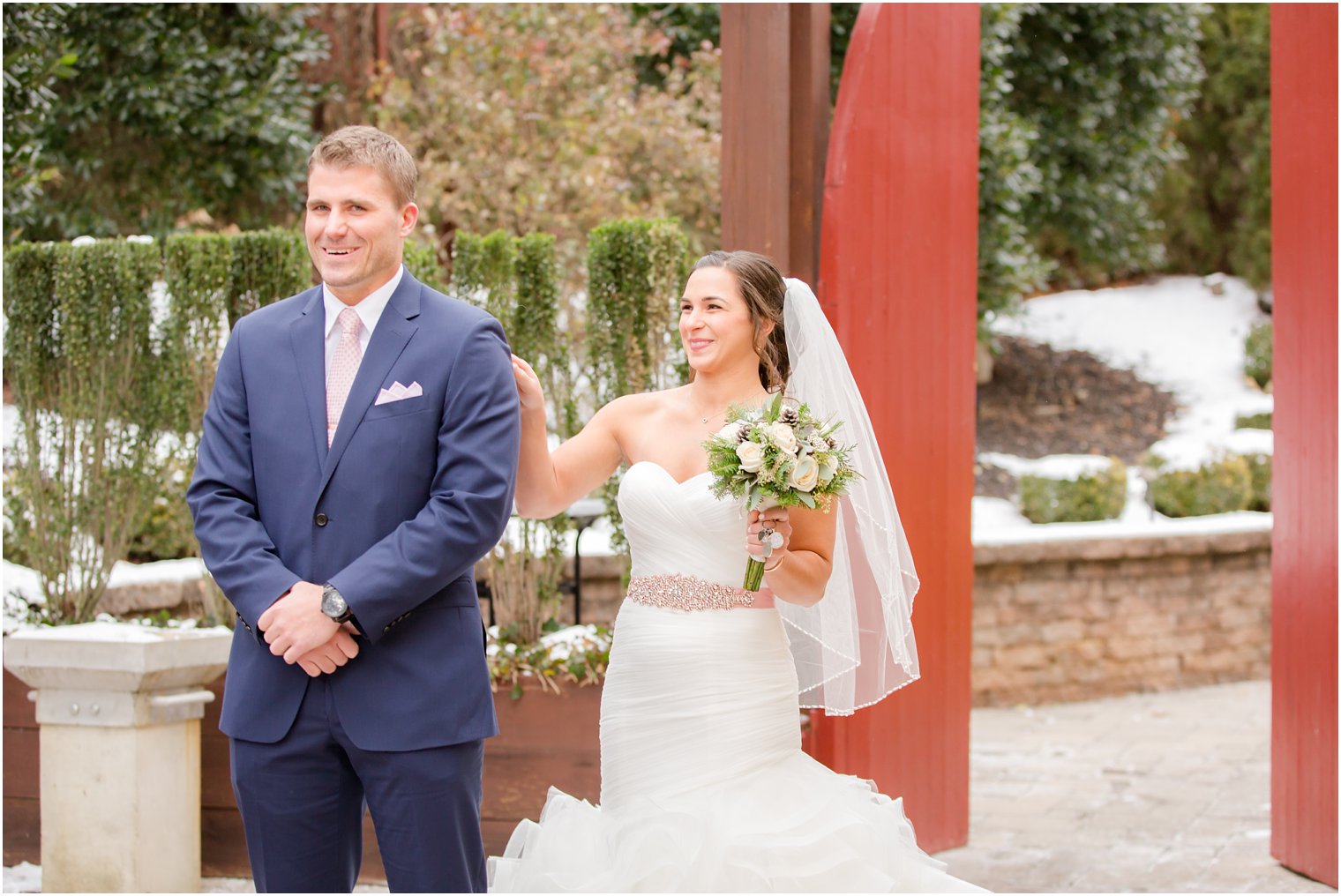 Bride and groom during winter wedding at Stone House at Stirling Ridge in Warren, NJ