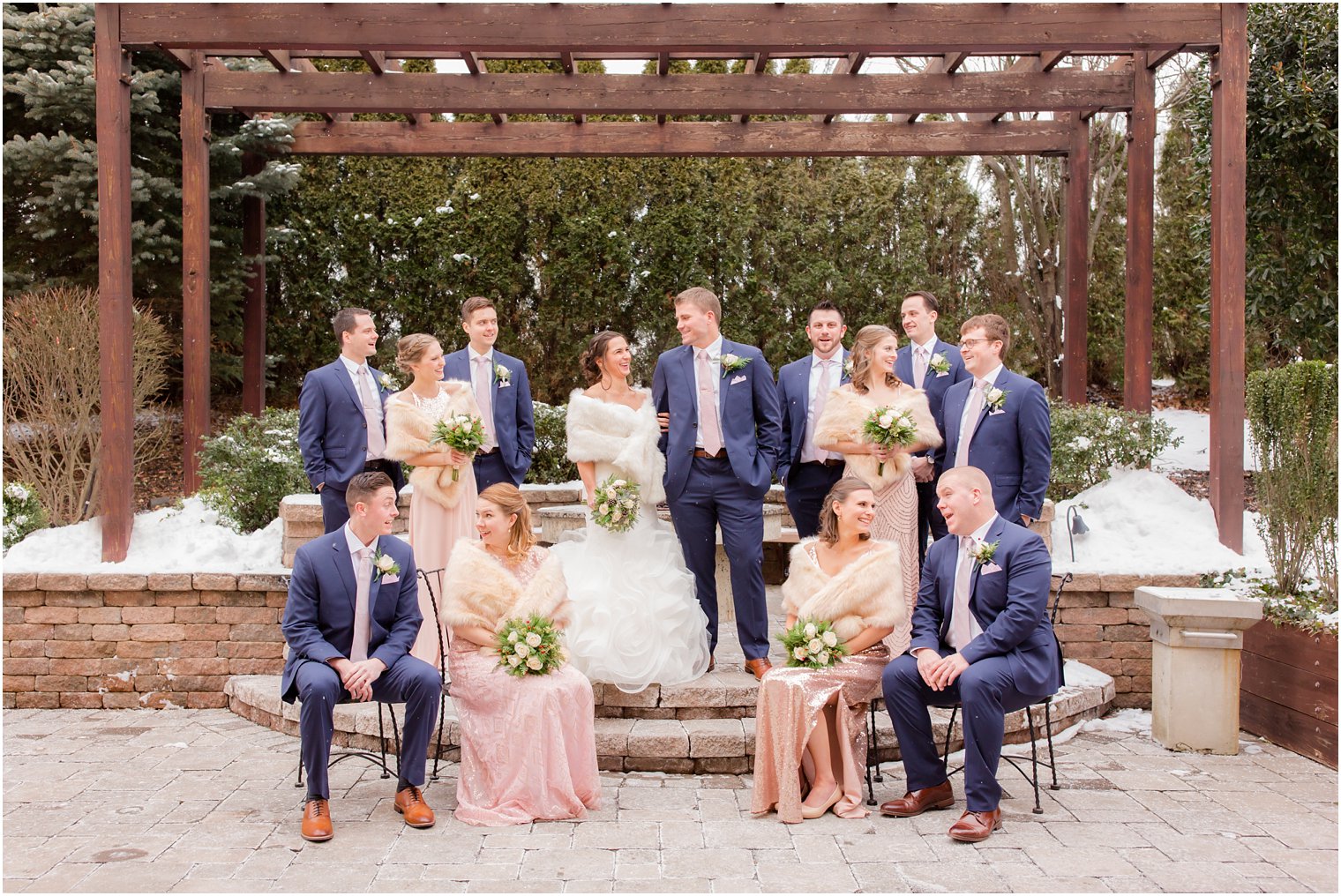 Rose gold and navy bridal party colors at Stone House at Stirling Ridge Wedding in Warren, NJ
