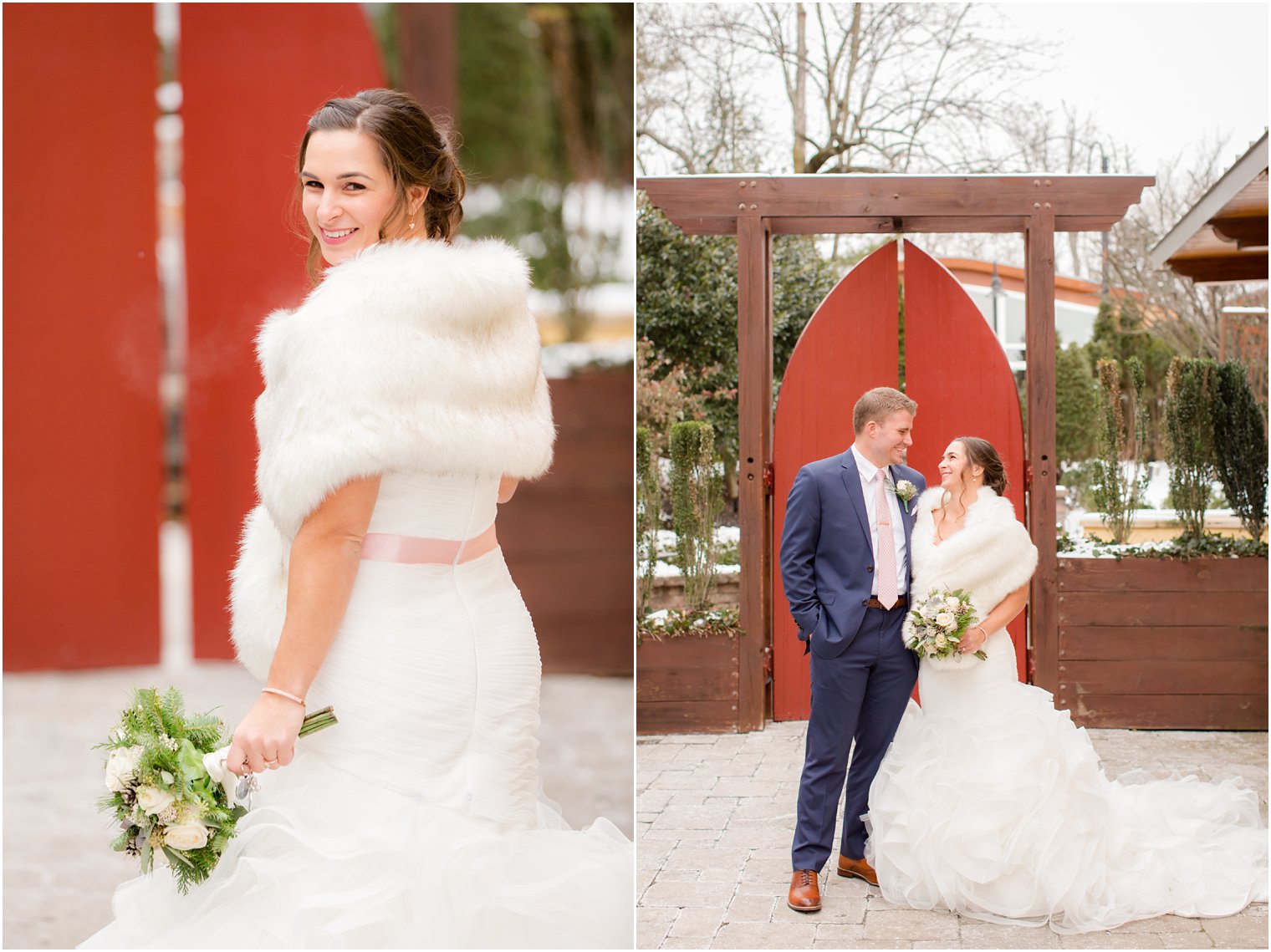 Bride with fur for winter wedding at Stone House at Stirling Ridge in Warren, NJ