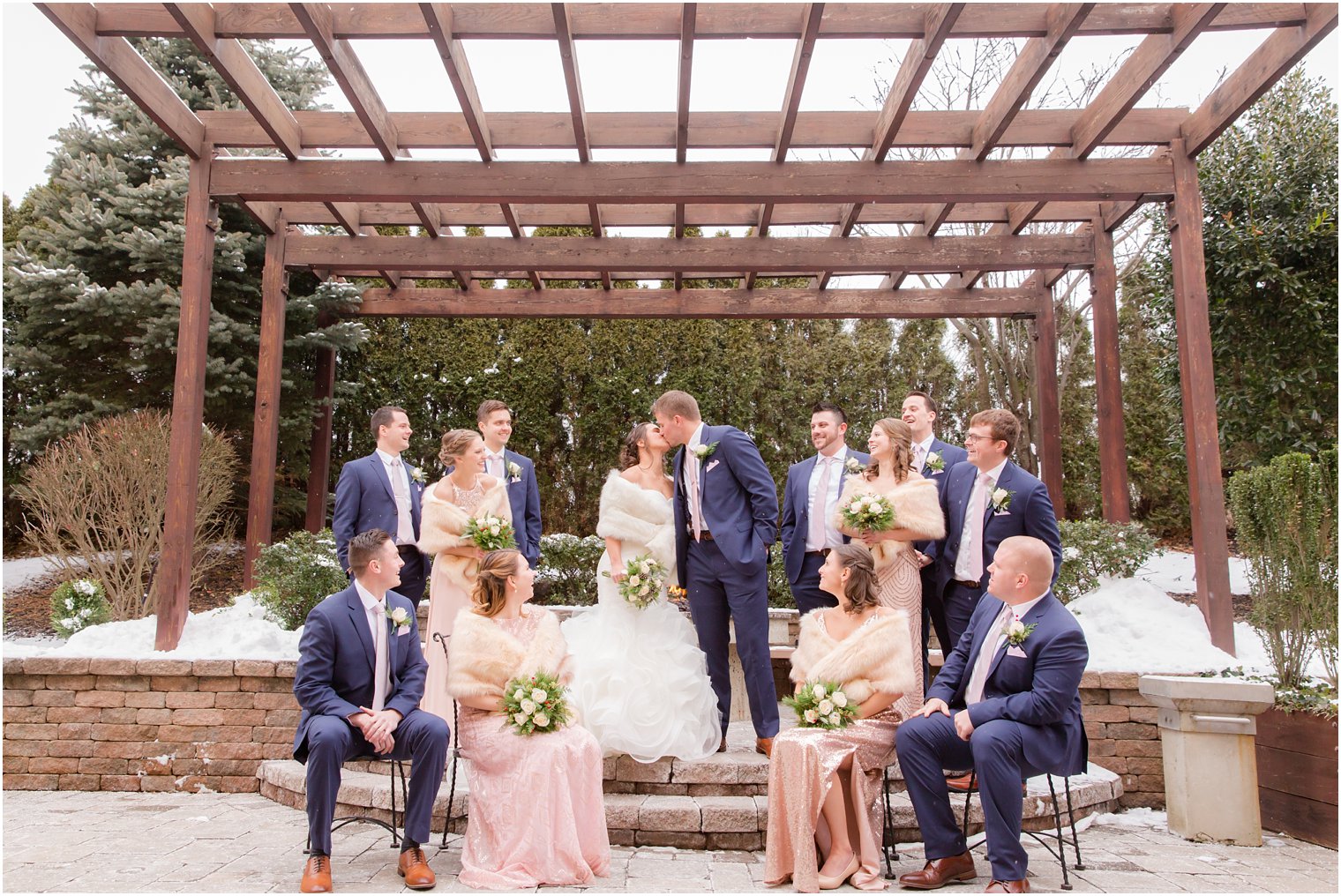 Bridal party in rose gold and navy | Stone House at Stirling Ridge in Warren, NJ