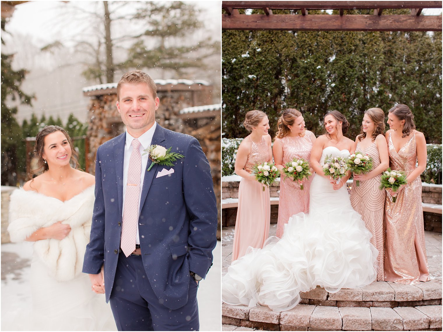Bridesmaids wearing rose gold dresses in the snow | Stone House at Stirling Ridge in Warren, NJ