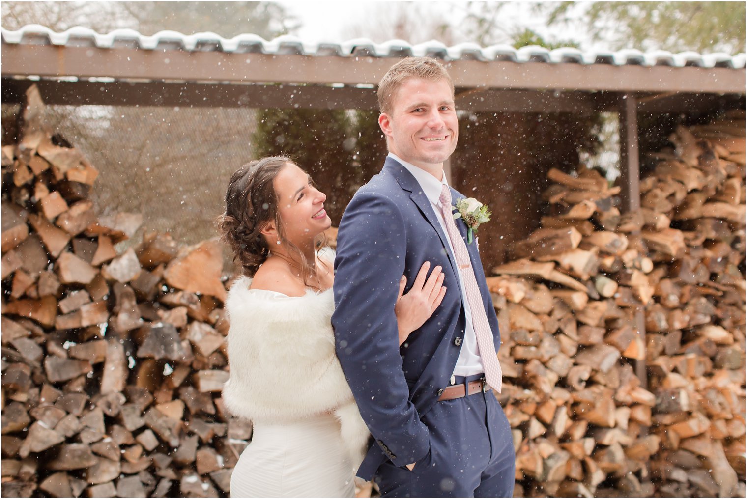 Formal portrait of bride and groom in the snow | Stone House at Stirling Ridge in Warren, NJ