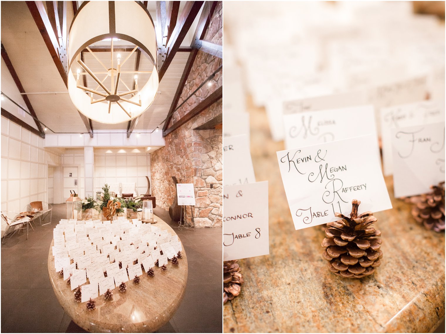 Pine cones as seating cards at wedding reception at Stone House at Stirling Ridge in Warren, NJ