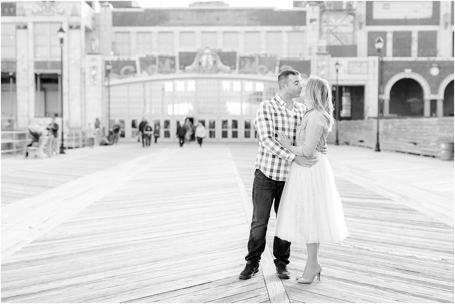 Black and white engagement photo in Asbury Park
