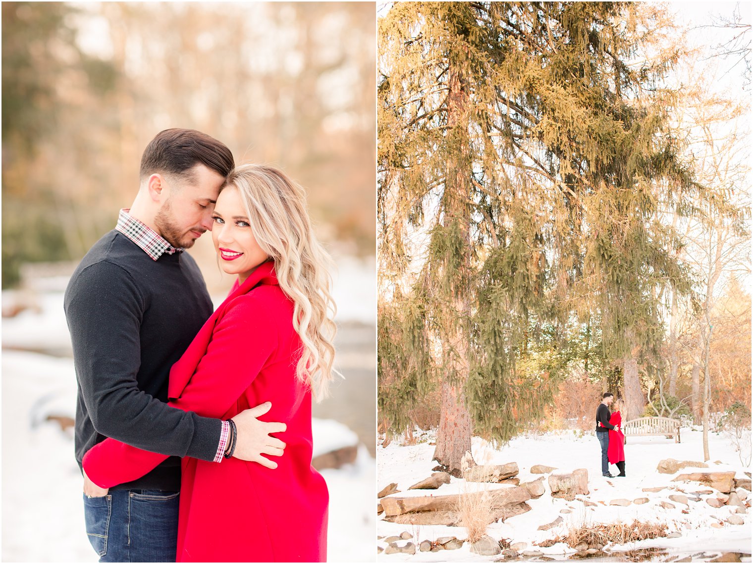 Romantic wintry engagement photos with a bride wearing a red coat