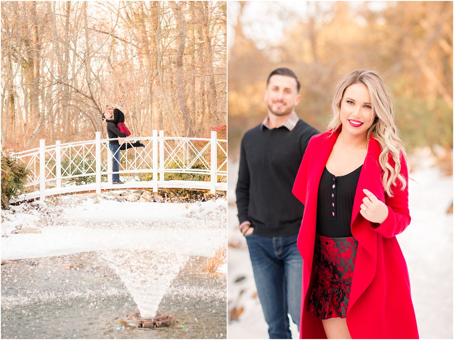 Engaged couple wearing red and black outfits