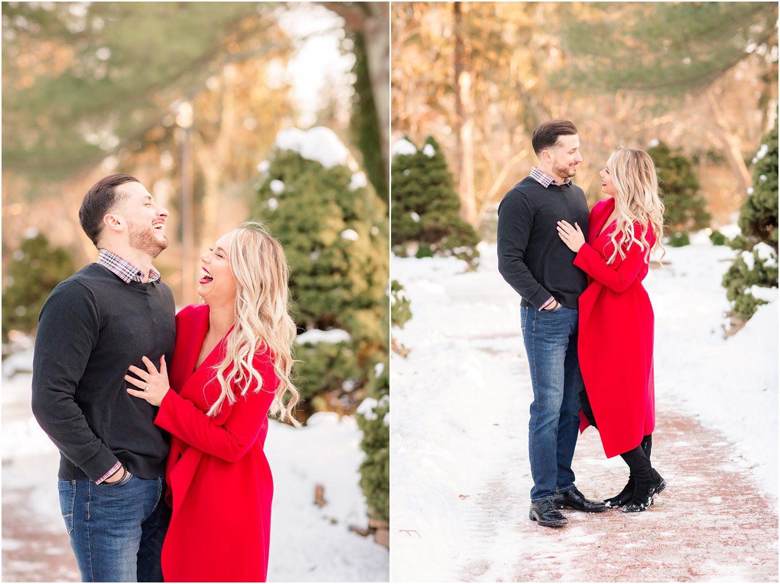 Candid engagement photos of couple laughing