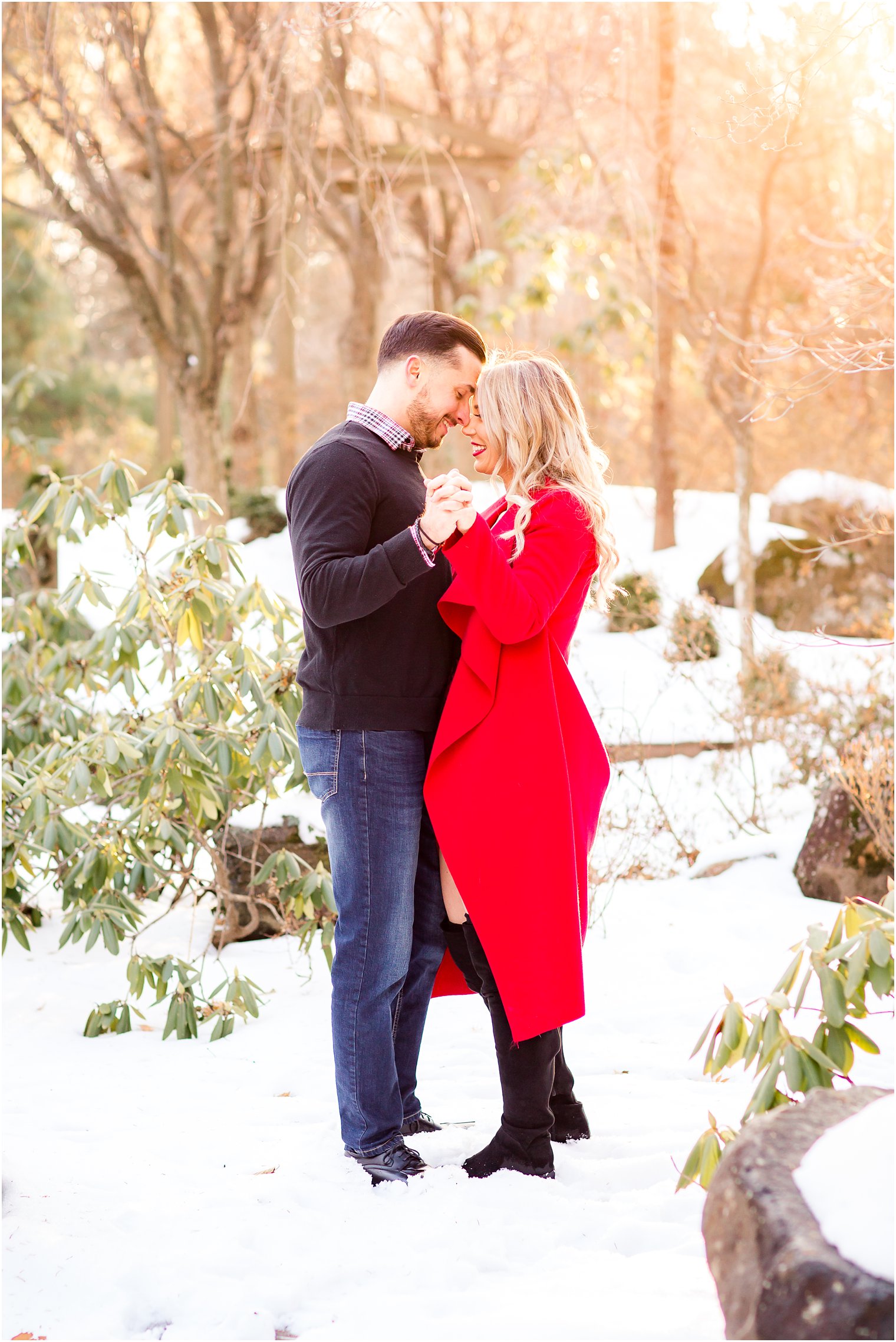 Romantic portrait of bride and groom in the snow