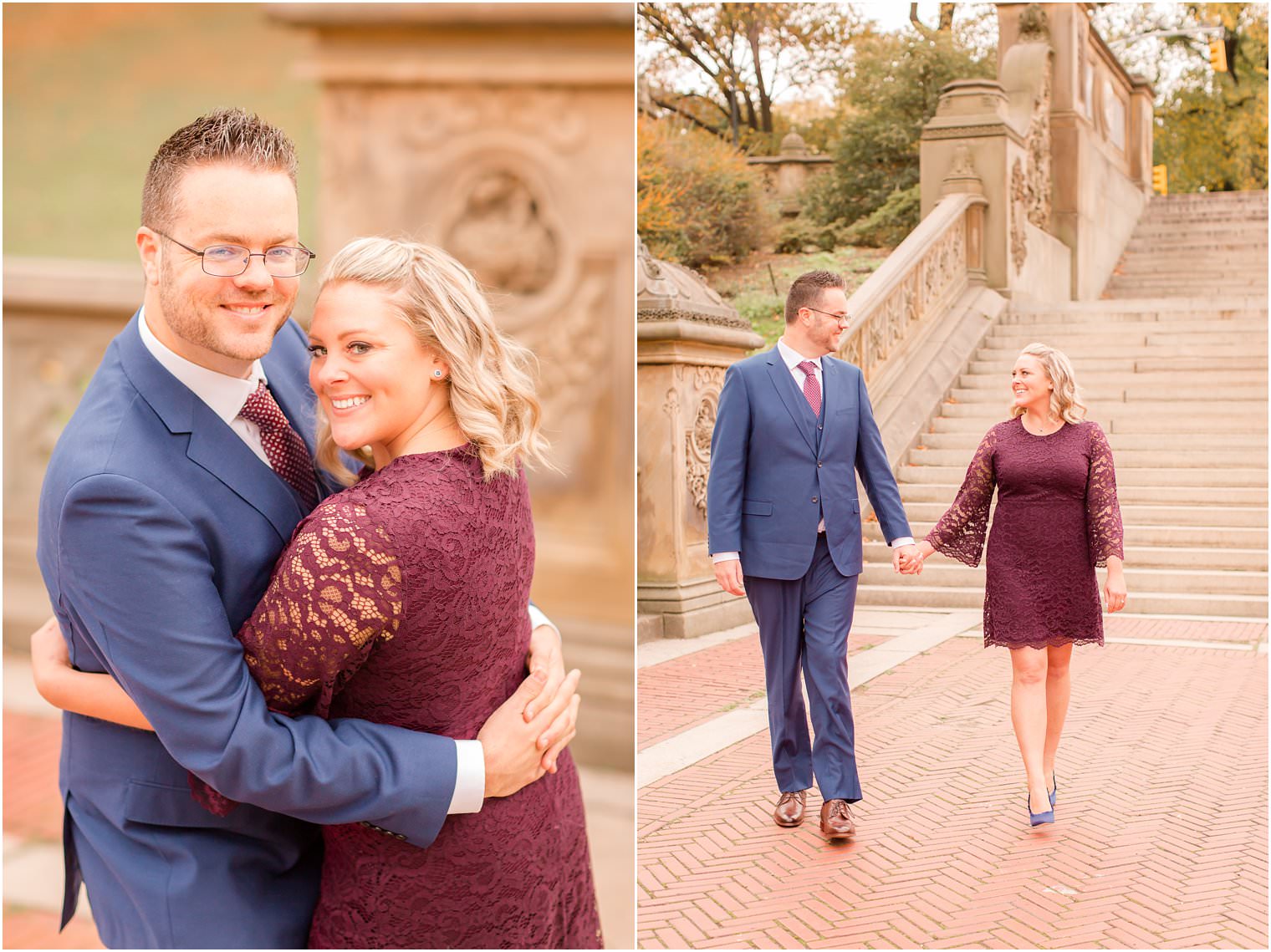 Engaged couple walking through Bethesda Terrace