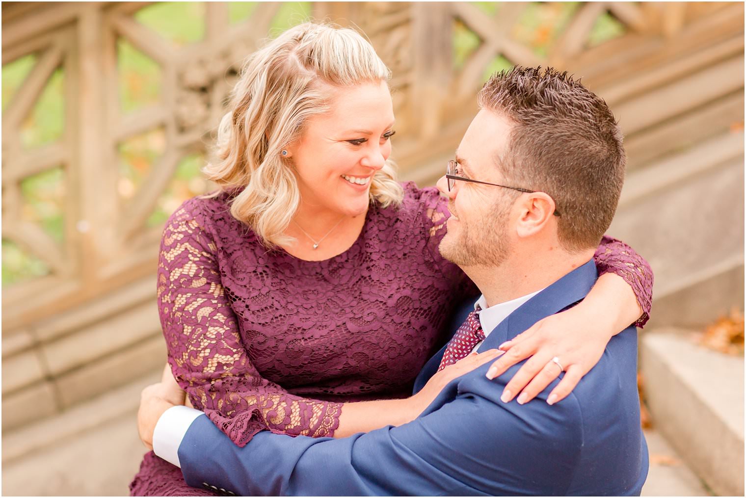 intimate moment between engaged couple in Central Park