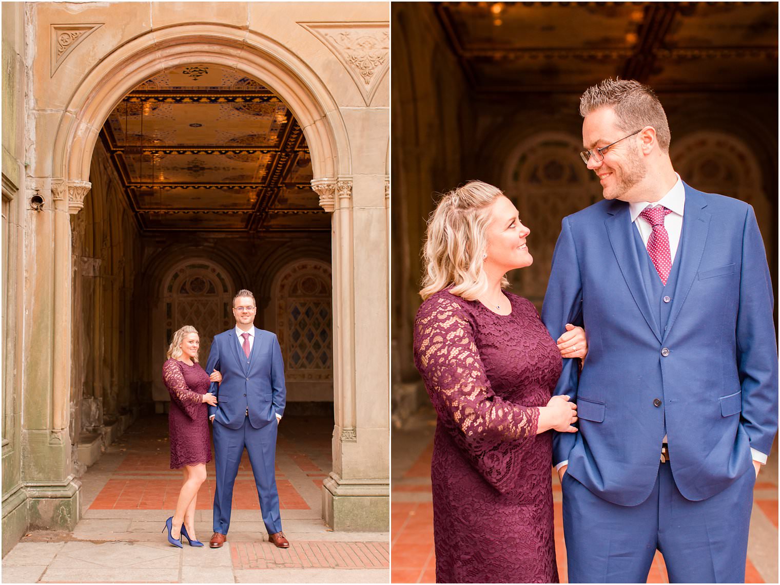 man in blue suit and burgundy tie and woman in lace burgundy dress