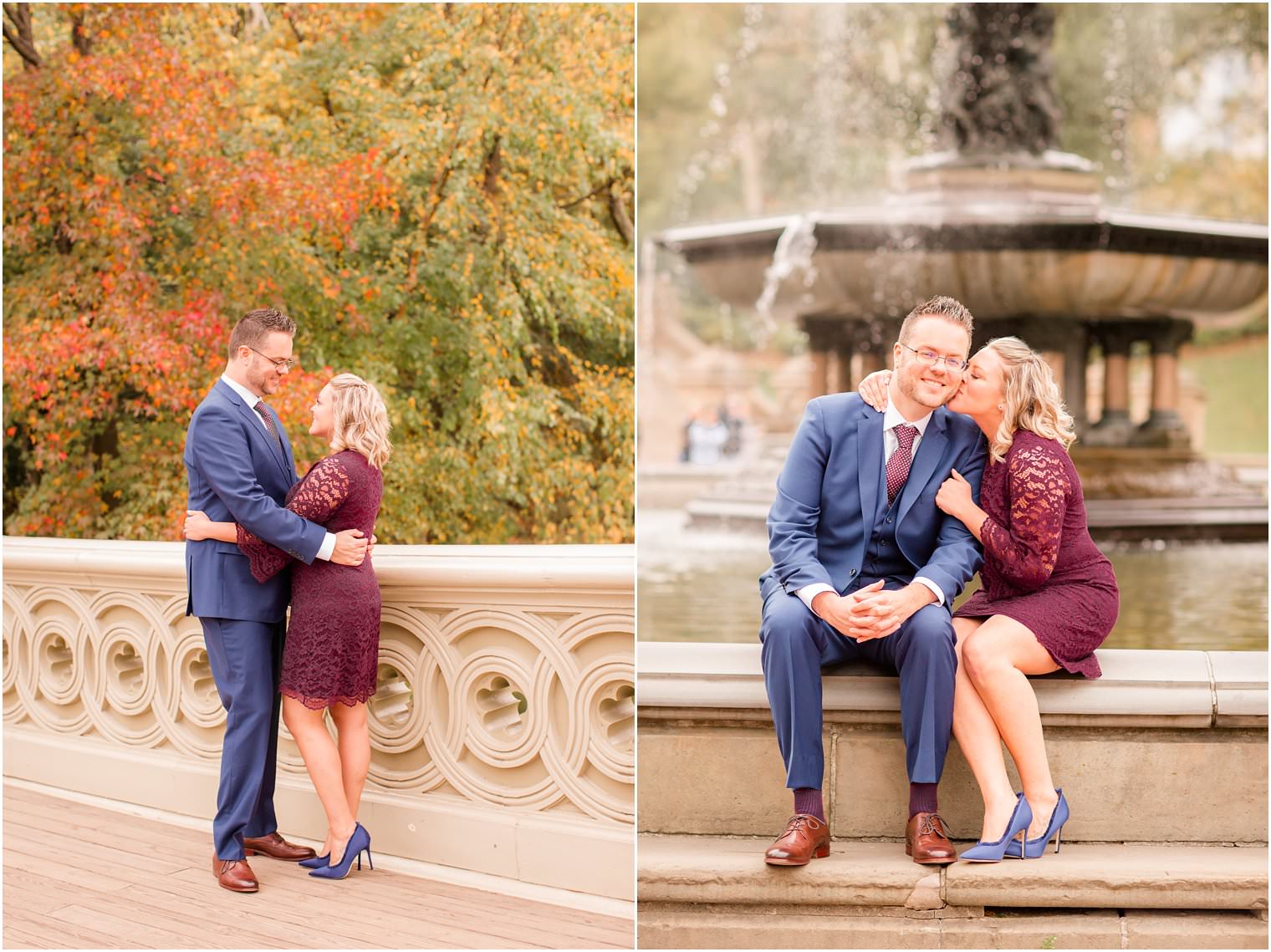 cute moment between bride and groom during engagement photos in central park