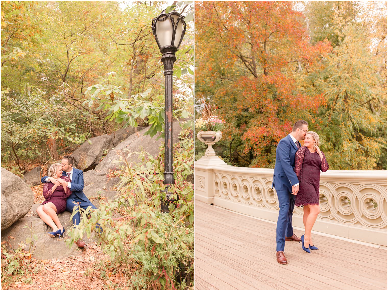 photos of engaged couple during the fall in central park and nyc