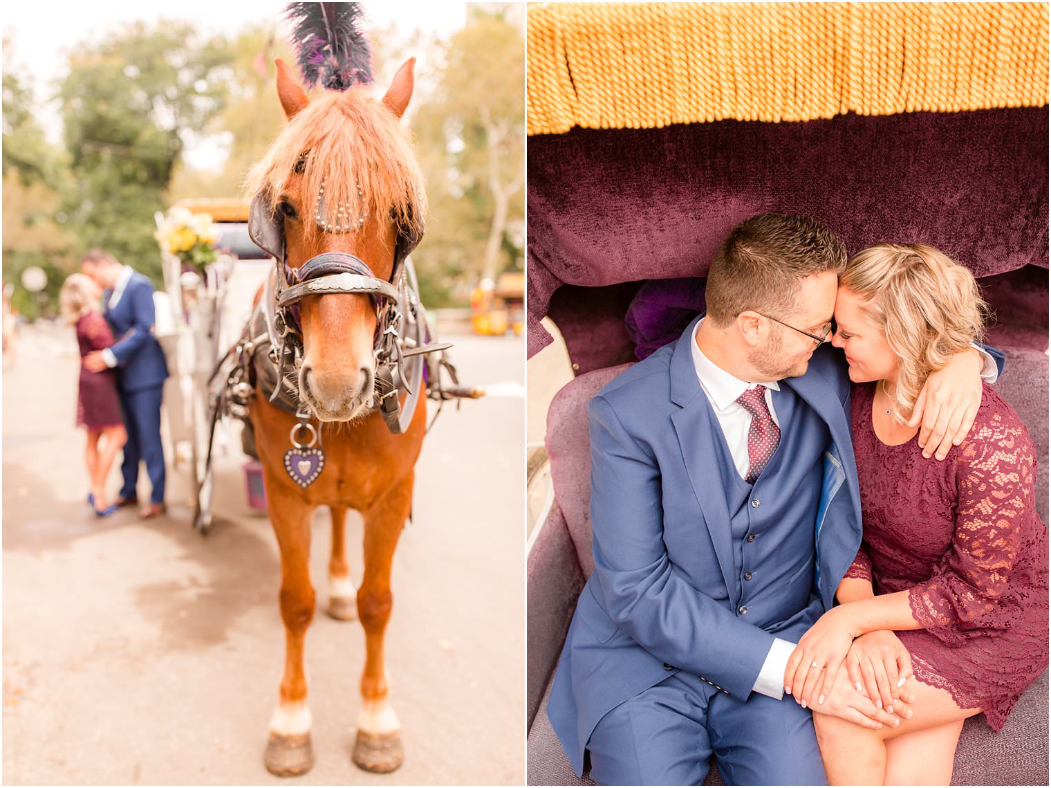 engagement photos with horse carriage in central park