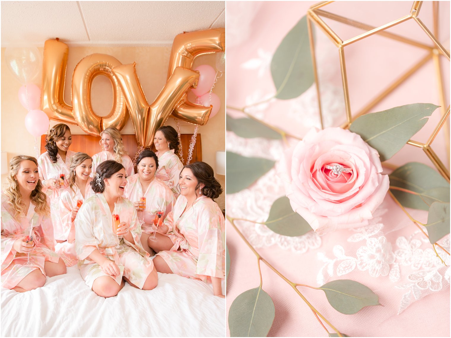 bridesmaids sitting on bed drinking mimosas