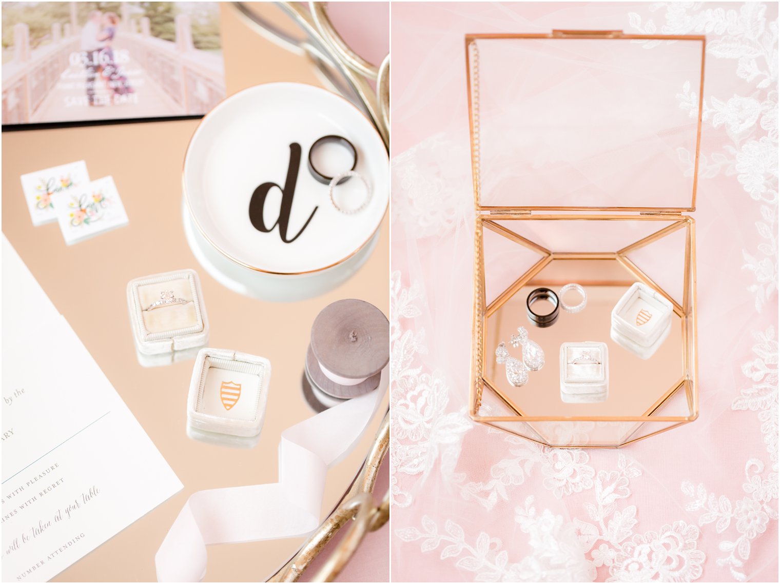 wedding rings on pink styling board