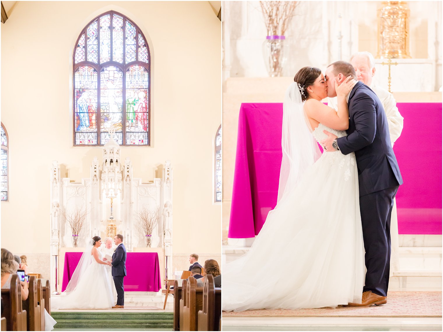 First kiss photo of bride and groom during ceremony at St. Rose in Belmar NJ
