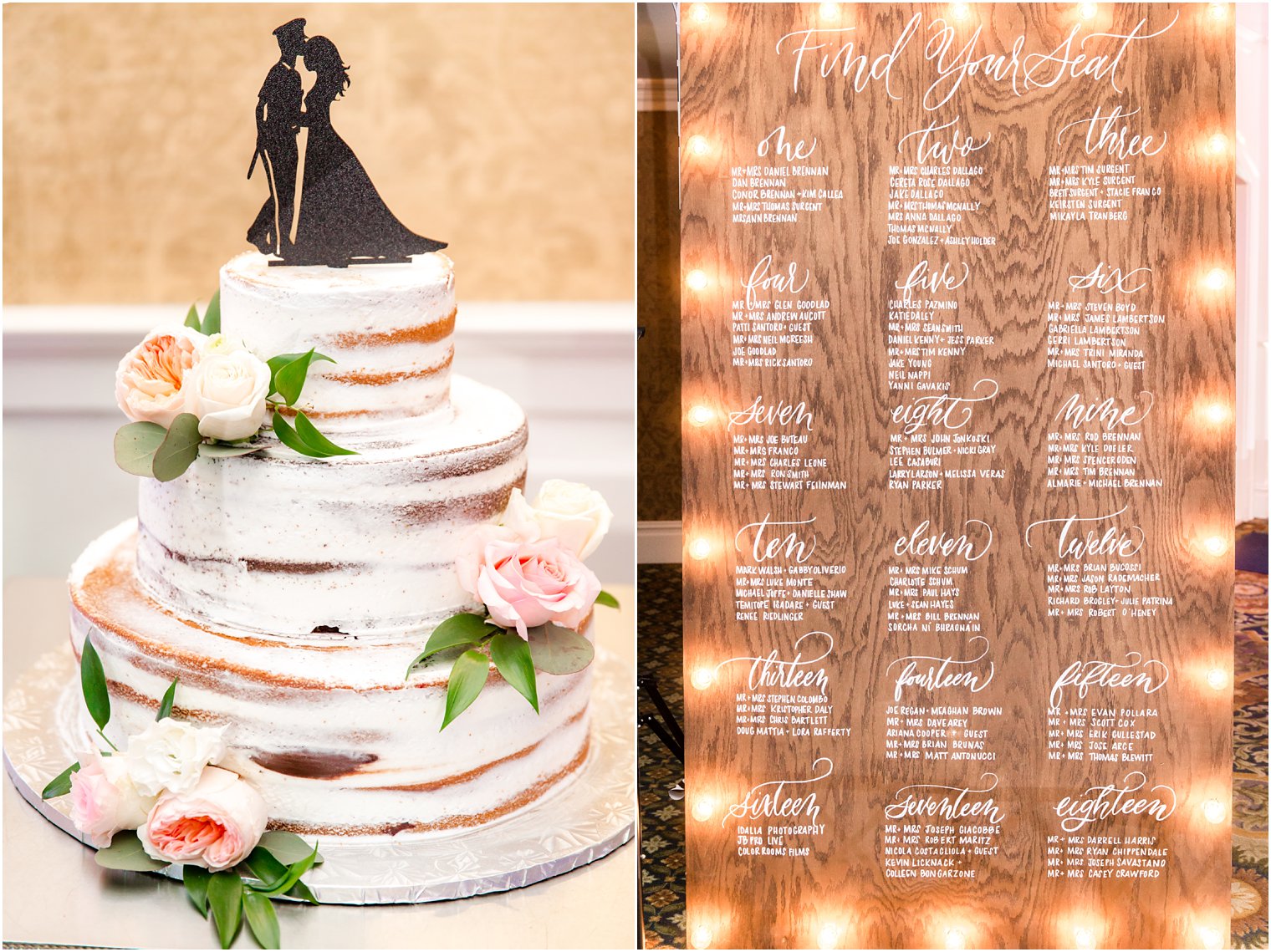 photo of cake and wooden seating chart
