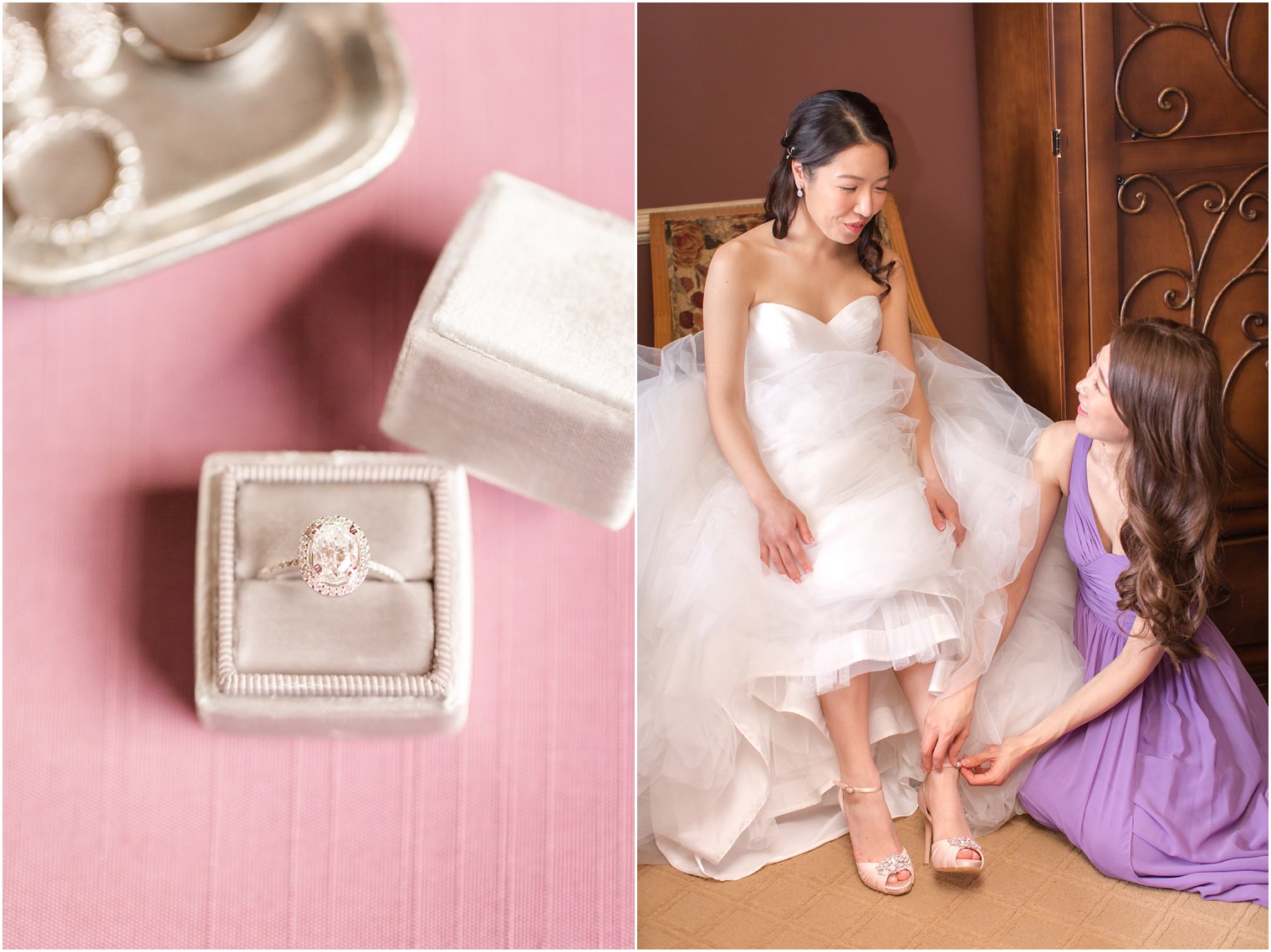 maid of honor helping bride put on wedding shoes