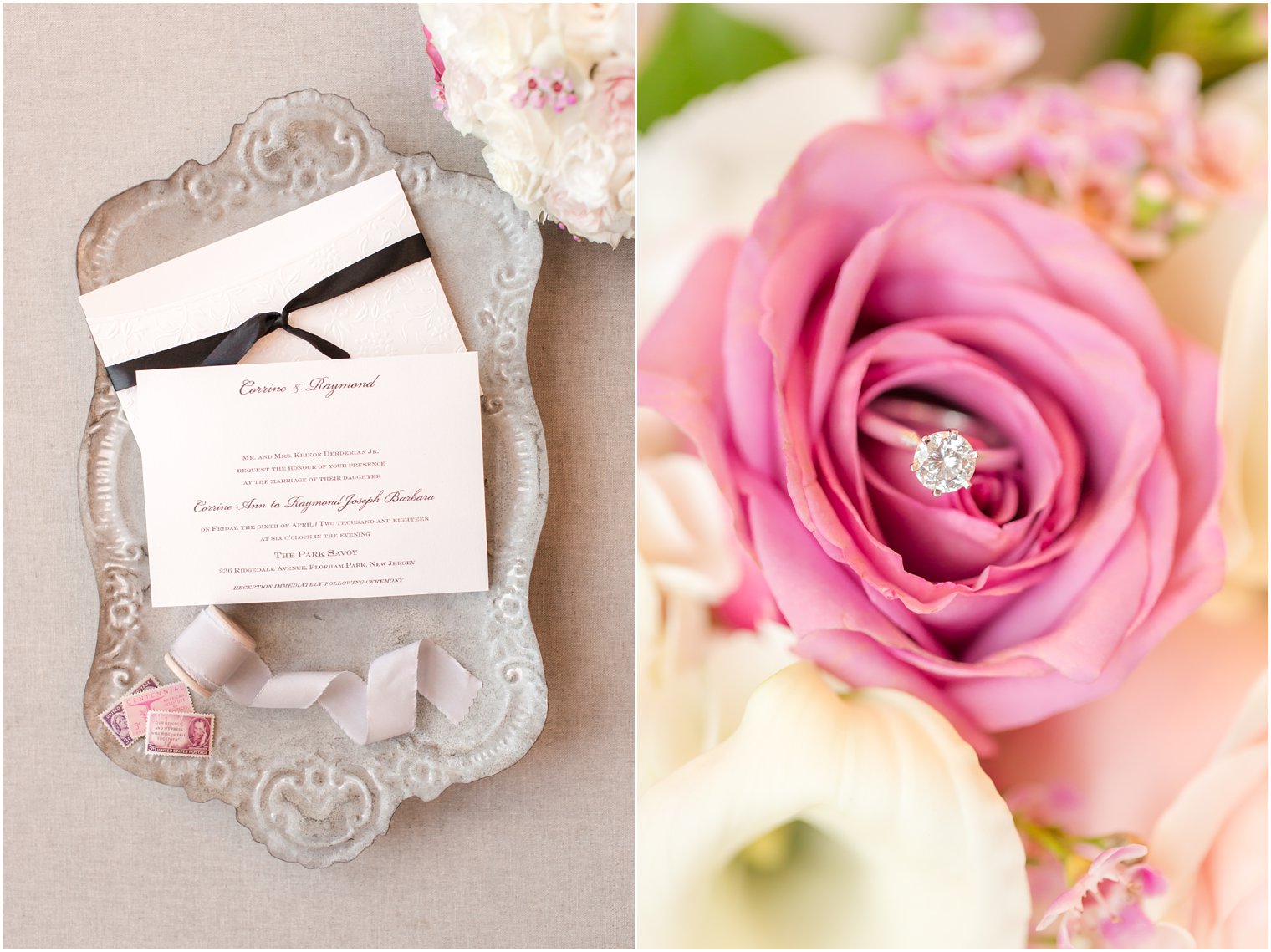 Wedding details in pink and purple