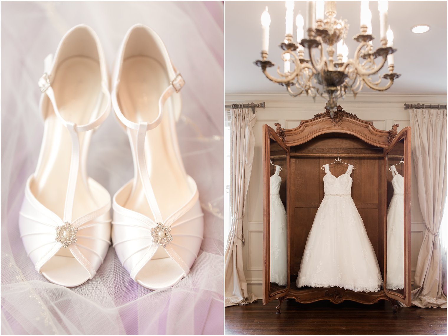 Bride's shoes and dress in Park Savoy Estate bridal suite