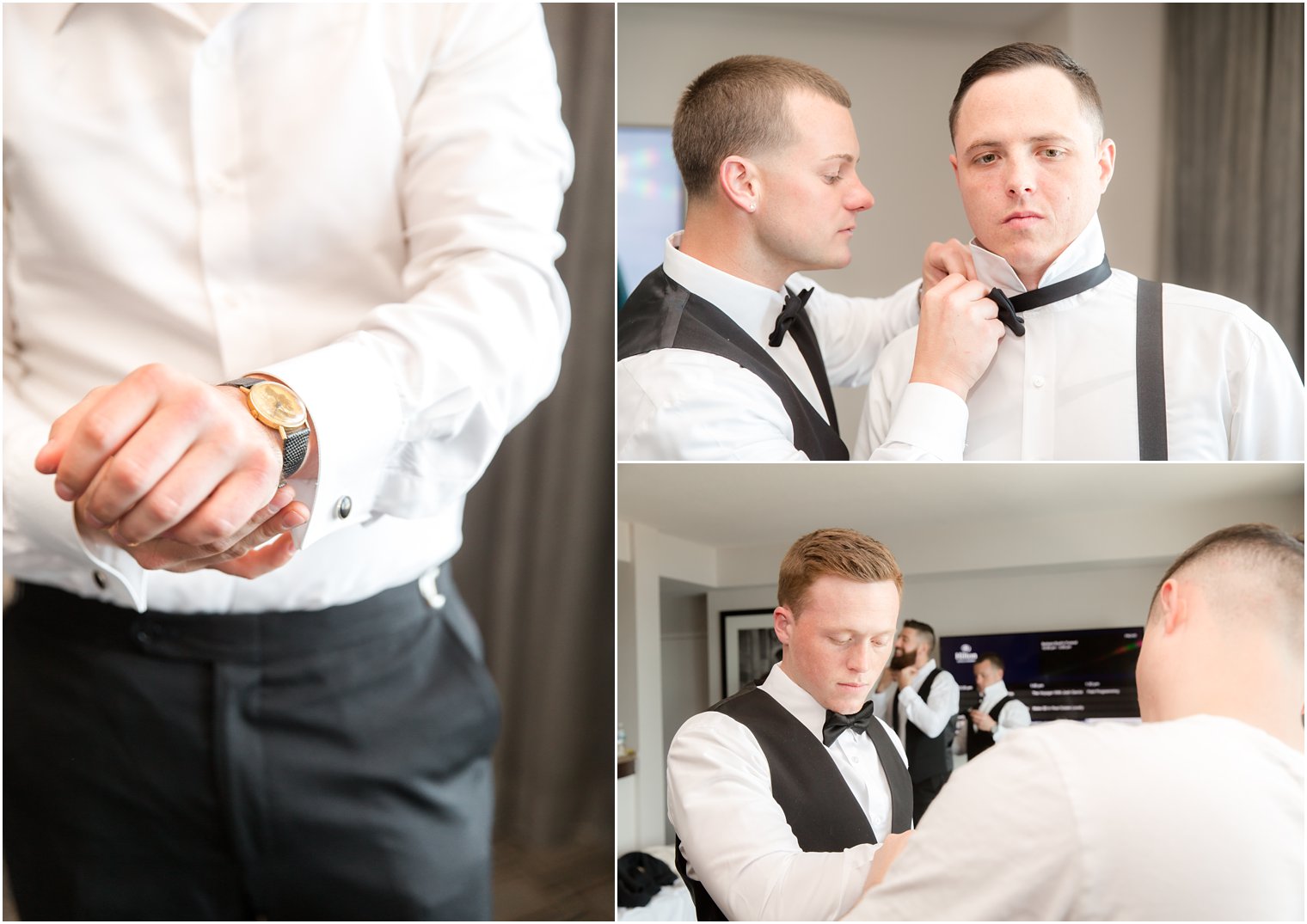 groom getting ready with groomsmen at Hilton at Penn's Landing in Philadelphia, PA