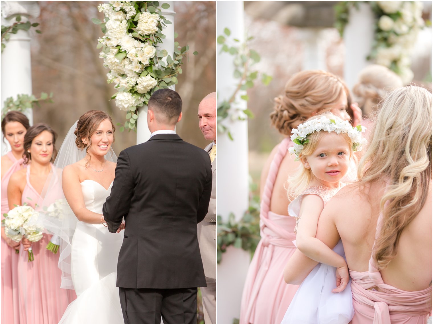 photos of bride and flower girl in outdoor wedding with lots of florals