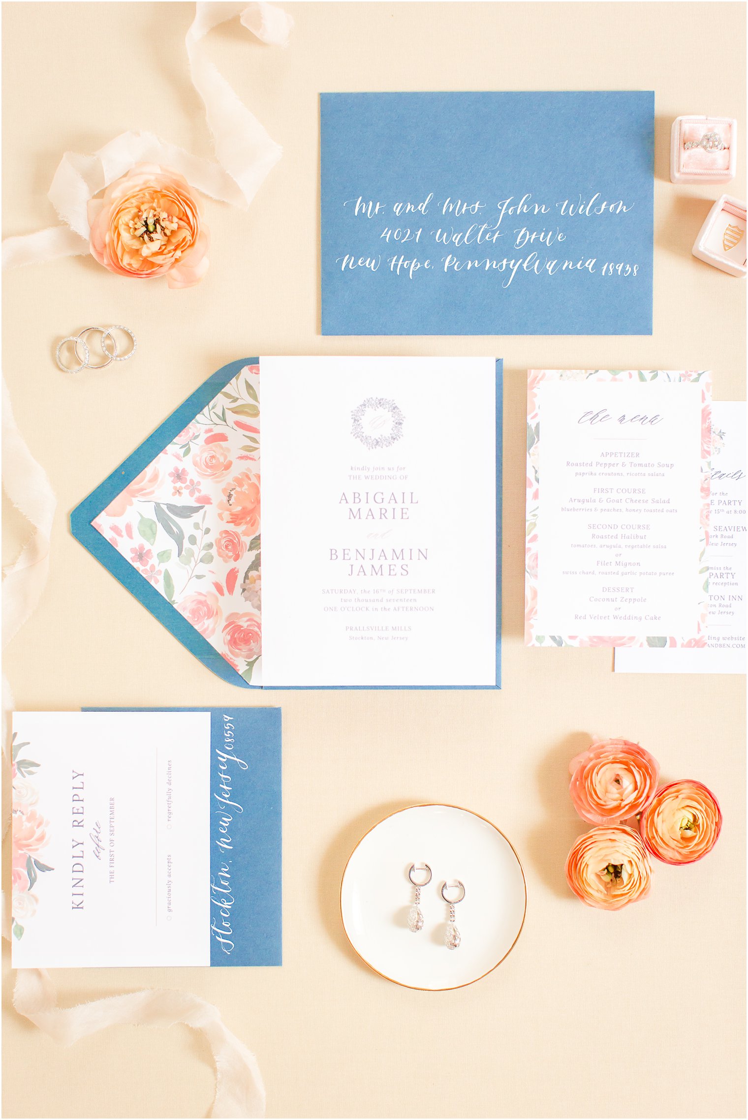 Navy paper goods suite by Jula Paper Co. and calligraphy by The Shaded Maple for Prallsville Mills Wedding Editorial