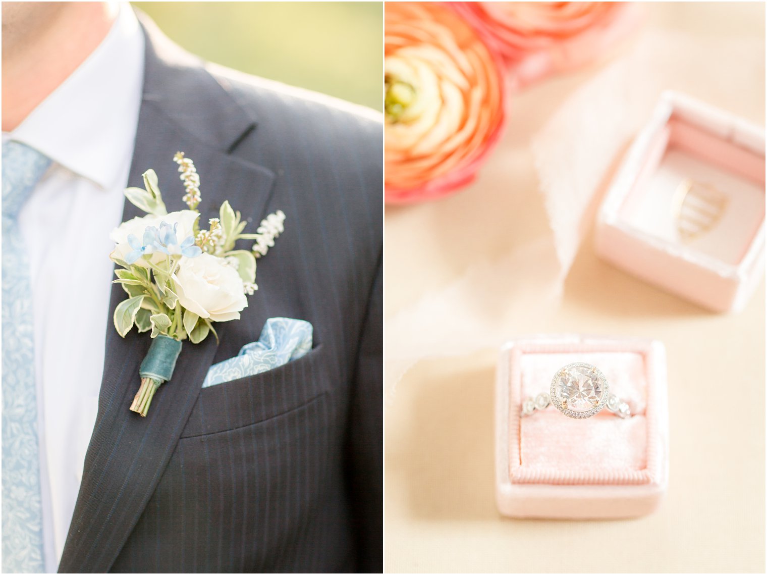 ivory boutonnière by Pink Dahlia Vintage and diamond ring from Atlantic City Jewelry photographed by Idalia Photography