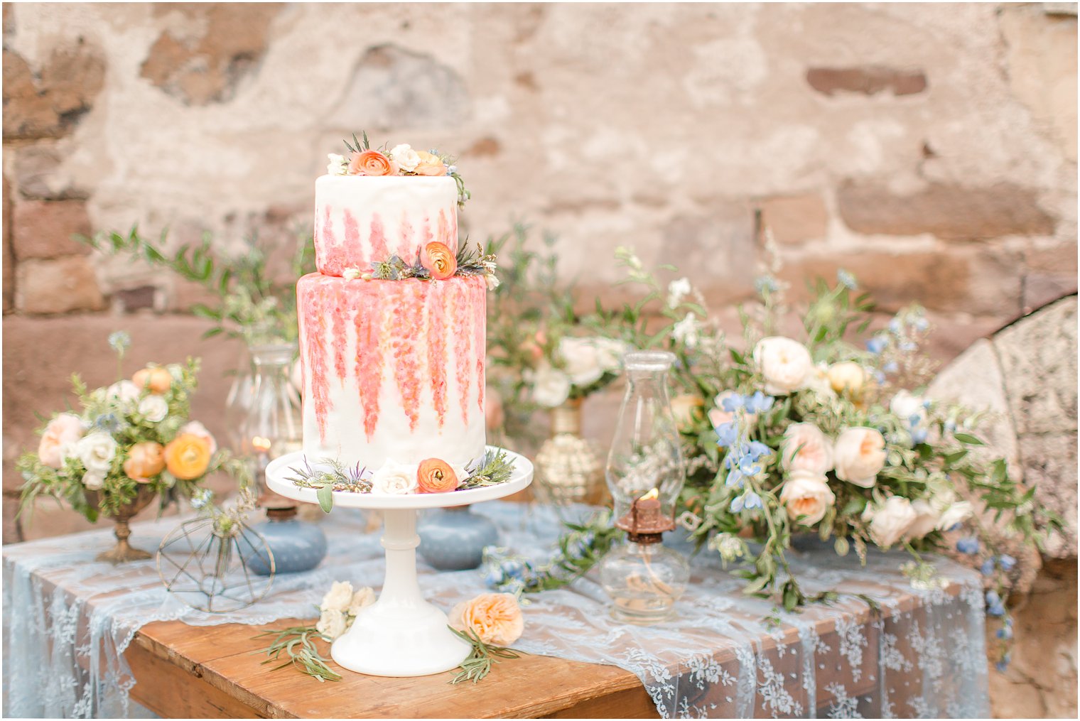 Pink and white tiered wedding cake by Pastry Paige for Prallsville Mills Wedding Editorial